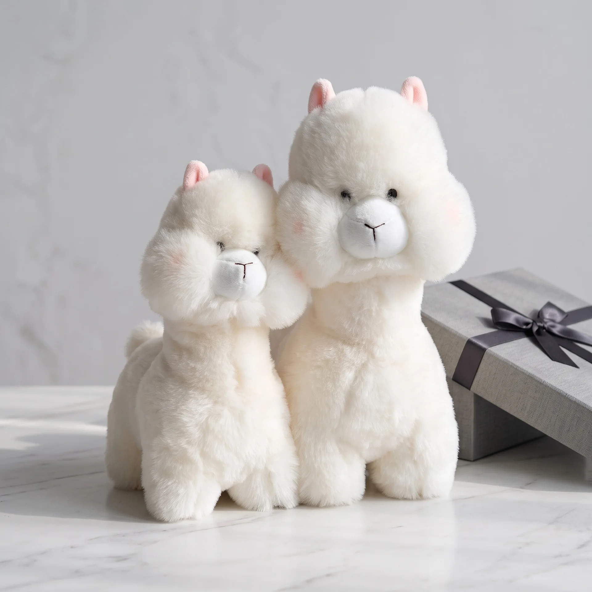 Alpaca gosedjur som plyschkudde, söt och kawaii style, lyckobringande stil, 22–45 cm 22 Två vita alpackaplyschdjur i olika storlekar bredvid varandra.