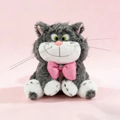 Katt gosedjur med Lucifer som motiv, fyllig kramkudde med rosa rosett, 40–50 cm