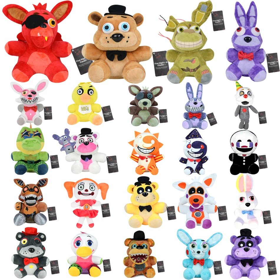 Söta FNAF-gosedjur med Five Night At Freddy-karaktärer, som present för barn, 18 cm 74 Översiktsbild med flera färgglada gosedjur i olika utföranden.
