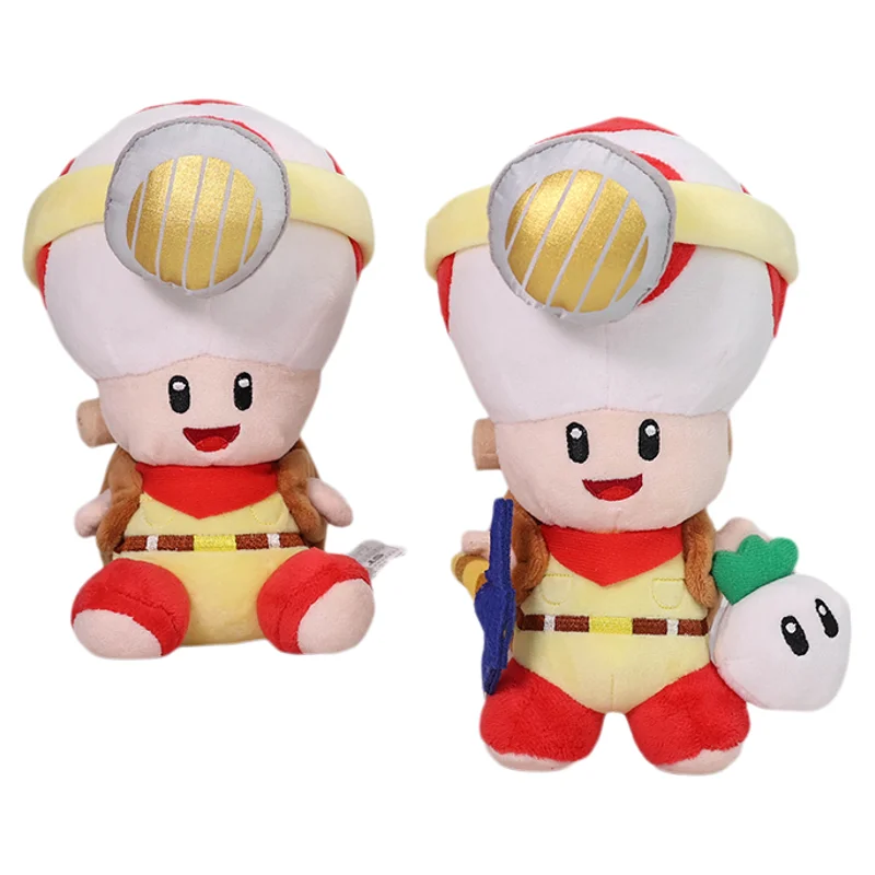 Captain Toad gosedjur från Super Bros och Treasure Tracker, mjuk docka med söt stil 18 Captain Toad-gosedjuret framifrån i två vyer med vit mössa, röda och gula kläder och brun ryggsäck.