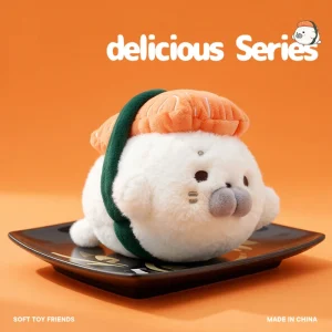 Vitt, sött säl gosedjur i kawaii-stil som förvandlas till laxsushi och tempuraräkor