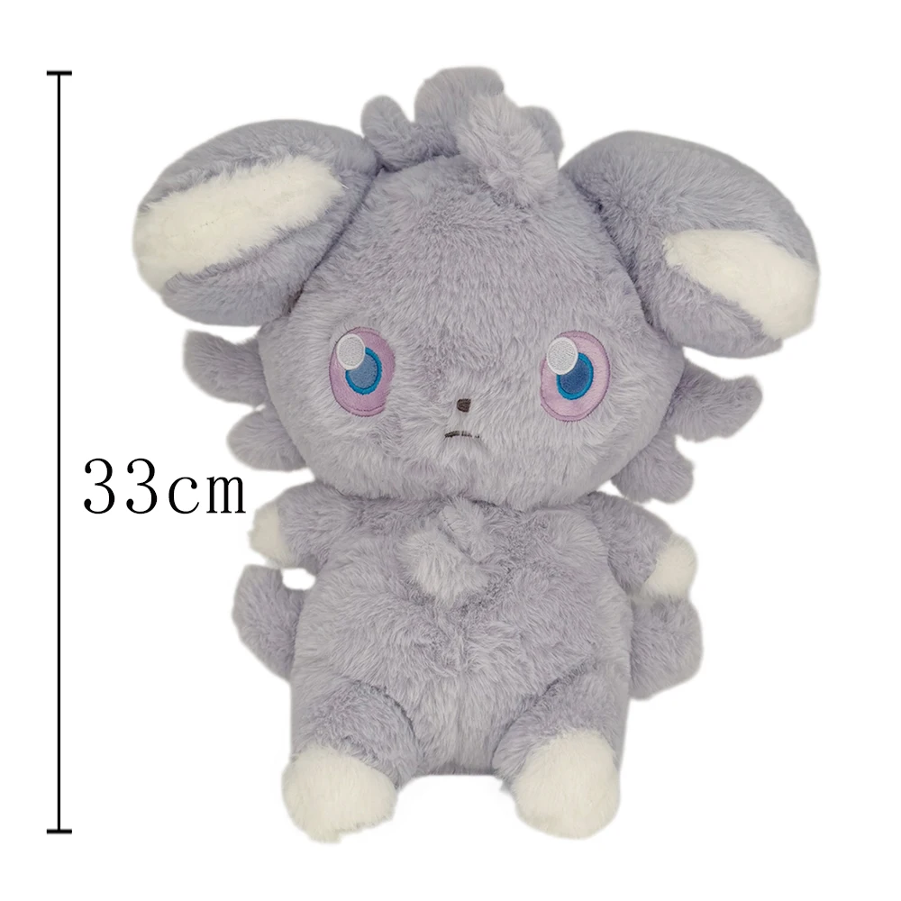 Pokémon Espurr som katt gosedjur, mjuk figur för barn och present till fans 22 Framifrån vy av plyschfiguren med storleksmarkering för 33 cm.