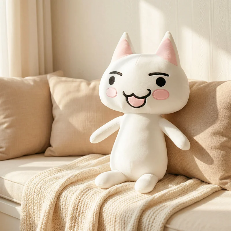Inoue Toro katt gosedjur som stor vit animefigur och kramkudde för kramar, 80–110 cm 21 Vit plushkatt med leende ansikte, rosa kinder och spetsiga öron på en soffa.