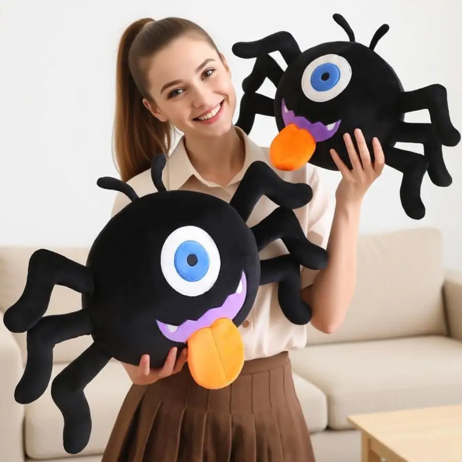 Ett enögt svart kawaii spider gosedjur för skämt, barnkalas och dekoration, 25–30 cm 22 Två storlekar av den svarta plyschspindeln visas tillsammans.
