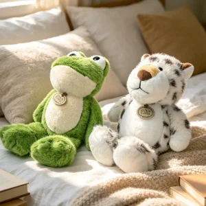 Lejon och groda gosedjur i kawaii-stil som tecknad plyschkudde med springmotiv, 30 cm