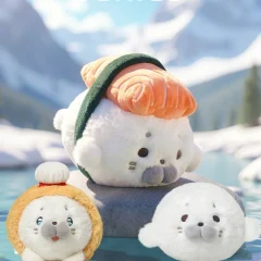 Vitt, sött säl gosedjur i kawaii-stil som förvandlas till laxsushi och tempuraräkor