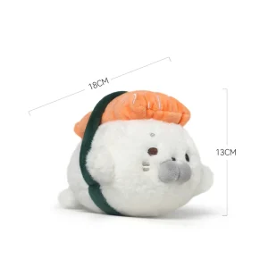 Alternative view of Vitt, sött säl gosedjur i kawaii-stil som förvandlas till laxsushi och tempuraräkor