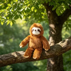 Sloth gosedjur med lång päls, leende ansikte och verklighetstroget utseende, 40–50 cm