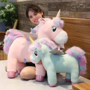 Kawaii enhörning gosedjur med vingar och fluffig man, mjuk kudde och födelsedagspresent