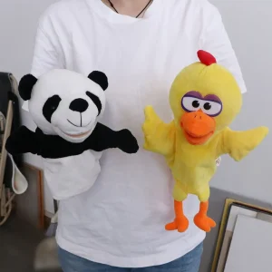 Panda och dinosaurie gosedjur som söta fingerdockor i anime- och kawaii-stil