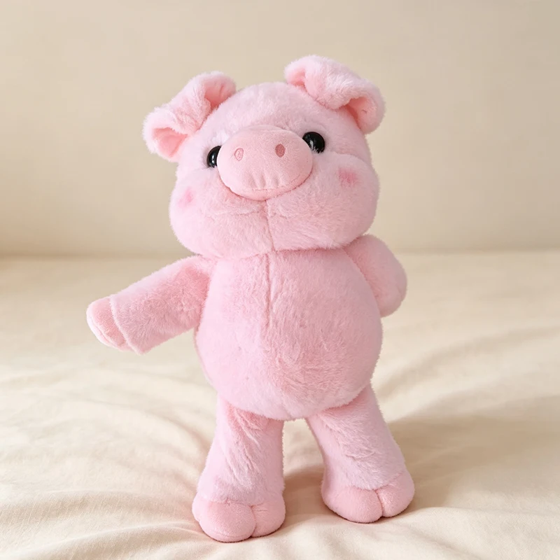 Gris gosedjur på, mjuk griskudde med gullig stil och snabb springfunktion, 45 cm 19 Visa den rosa grisplyschen stående på ett ljust tygunderlag.