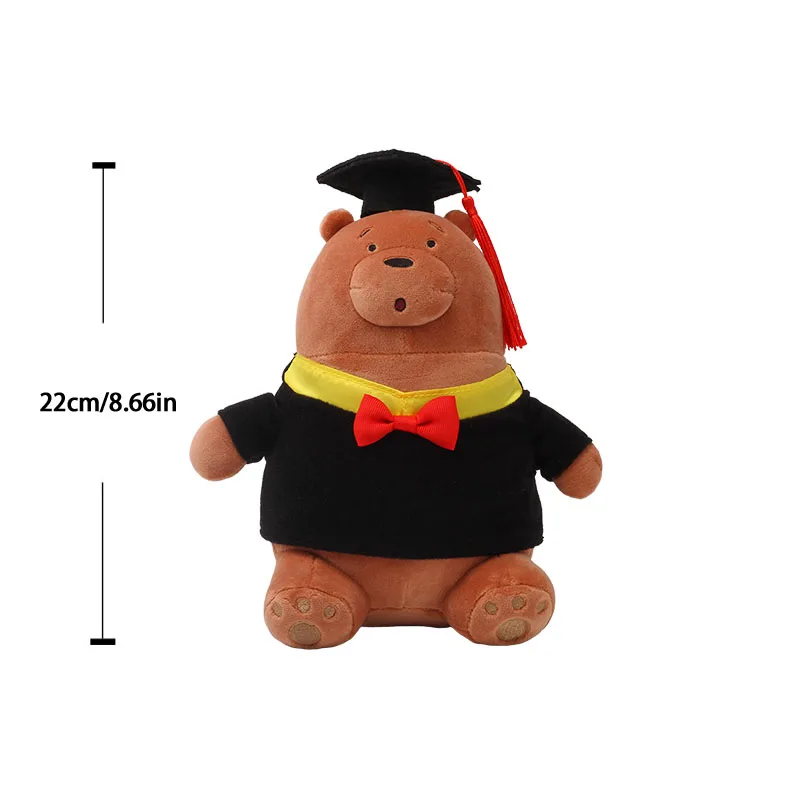 Björn och panda gosedjur, Graduation-season themed och Dr. cap 26 Brun björnplysch i examensdräkt, visad med höjdmarkering på 22 cm.