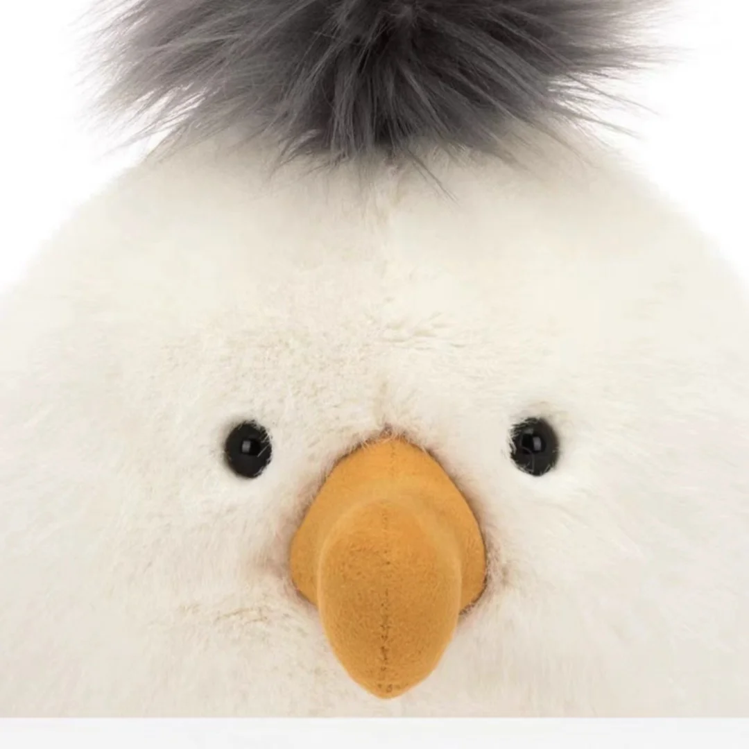 Seagull gosedjur som handgjord måsfågel i tecknad anime- och kawaii-stil, 25 cm 22 Närbild av måsens ansikte med orange näbb