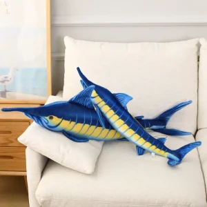 Naturtroget marlin gosedjur som blå plyschkudde med realistisk fiskdesign, 60–140 cm