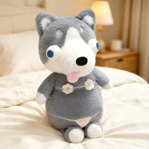 Husky hund gosedjur med badkläder i Mc-inspirerad stil, rolig springpose för barn