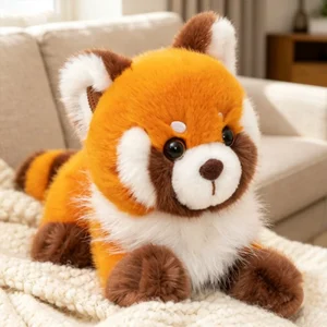 Animeinspirerat panda gosedjur som röd tvättbjörn, kawaii figur med fluffigt hår