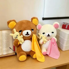Rilakkuma och Korilakkuma mjukisdocka med kaninleksak och filt, söt gråtande animefigur