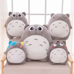 Stor grå katt som gosedjur i söt Totoro-stil, kattkudde och plyschkudde, 30–70 cm