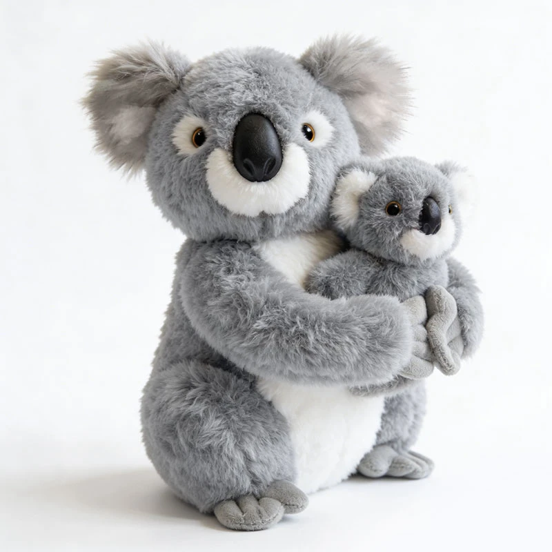 Koala gosedjur med mor och unge, naturtrogen, kreativ och mjuk utformning, 27 cm 18 Grå koala som håller en mindre koala intill sig.