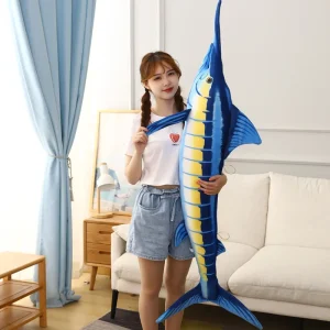 Naturtroget marlin gosedjur som blå plyschkudde med realistisk fiskdesign, 60–140 cm