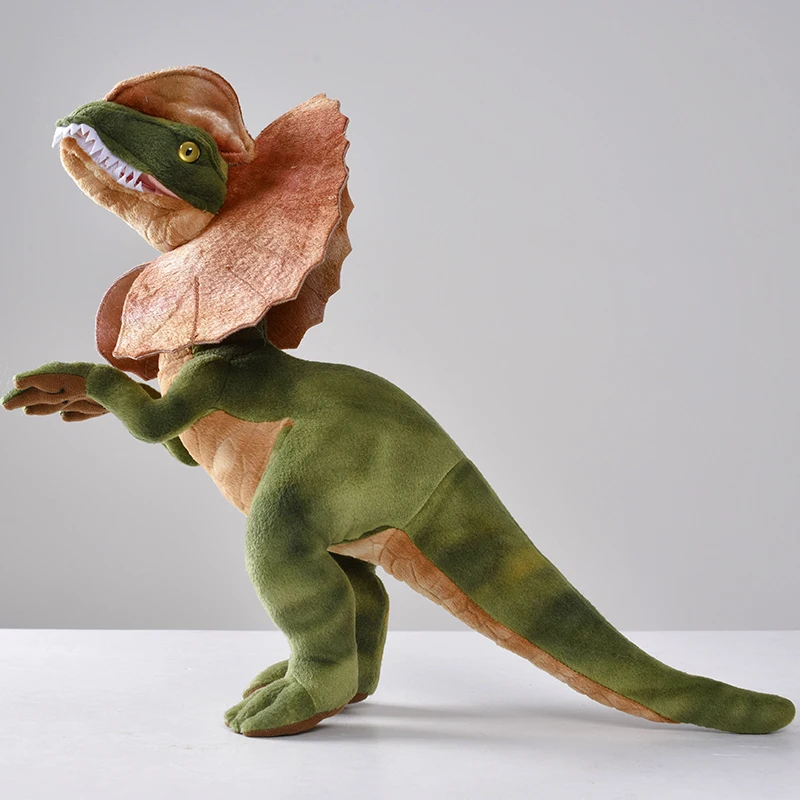 Jurassic Park Dilophosaurus dinosaurie gosedjur med dubbla nackkragar, mjuk presentfigur 24 Sidsyn av dinosaurieplush som visar den dubbla nackkragen och siluetten.