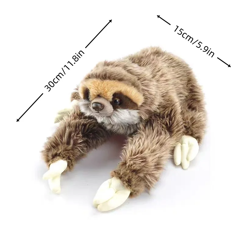 Sloth gosedjur som extra mjuk kramdocka med gullig design och lugnande effekt 19 Mjukisdjurssloth i brun och beige päls med måttangivelser på vit bakgrund.