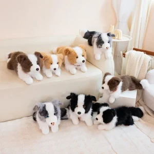 Border Collie-hund gosedjur, verklighetstroget och fluffigt liggande, 40–50 cm