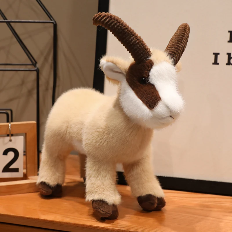 Realistiskt Ibex (wild goat) gosedjur med böjda horn, fluffigt ansikte och stående form 22 En mjuk get står framåt mot neutral bakgrund.