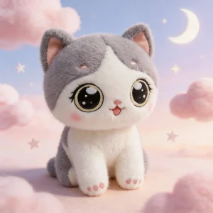 Katt gosedjur som gråvit kattkudde i kawaiistil, med stora tecknade ögon, 25 cm