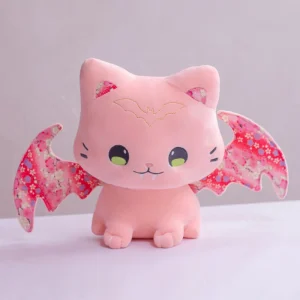 Rosa lucky cat som katt gosedjur och kramkudde med fladdermusvingar och sakurablommor 18 Rosa lucky cat som katt gosedjur och kramkudde med fladdermusvingar och sakurablommor