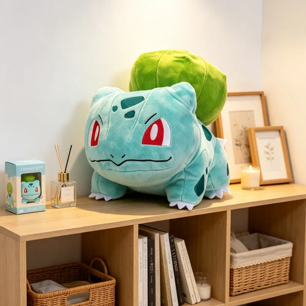 Bulbasaur gosedjur från Pokémon, 20 cm i japansk animeform som jul- och födelsedagspresent 19 Bulbasaur-gosedjur bakifrån med den gröna ryggdetaljen synlig.