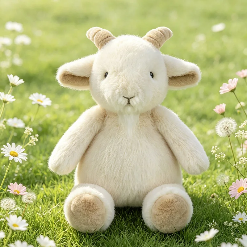Mjukt och fluffigt get gosedjur i vitt med ett gulligt, bedårande uttryck, 30 cm 16 Visa det sittande gräddvita lammet med beige detaljer i en blommande gräsmiljö.