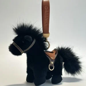 Söt fluffig ponny som nyckelring och väskdekoration med rem, kawaii westernstil