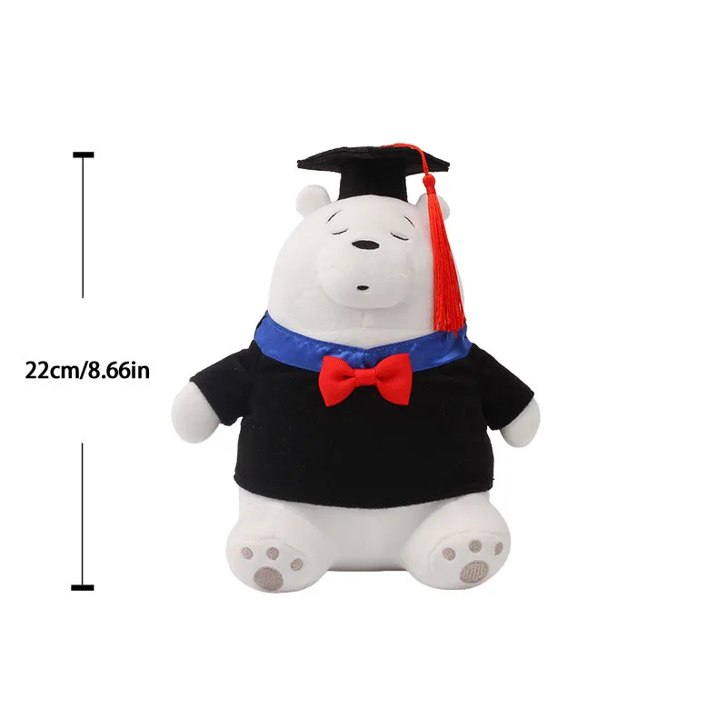 Björn och panda gosedjur, Graduation-season themed och Dr. cap 25 Vit björnplysch i examensdräkt, visad med höjdmarkering på 22 cm.
