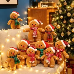 Gingerbread man gosedjur i kawaii-stil som söt julfigur med leende, 25–35 cm