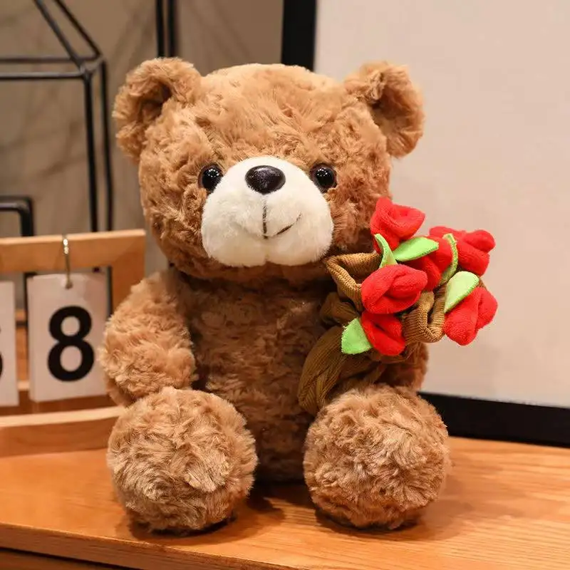 Björn gosedjur, kawaii och söt, blommor kärlekstema gullig stil 18 Brun nallebjörn med en bukett röda rosor på ett bord.