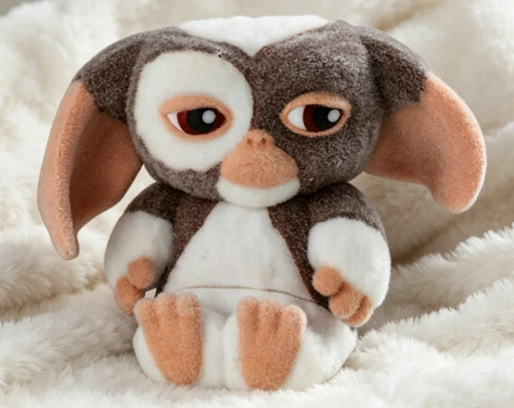 Gremlins-figurer i monsterform som skrivbordsdekoration med Twisted Egg-design 29 Den gråvita gremlinen visas sittande framifrån mot en ljus, fluffig bakgrund.