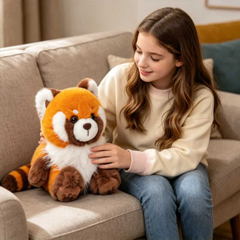 Animeinspirerat panda gosedjur som röd tvättbjörn, kawaii figur med fluffigt hår 22 Barn interagerar med det mjuka orangea gosedjuret i en hemmiljö.