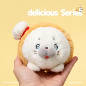 Vitt, sött säl gosedjur i kawaii-stil som förvandlas till laxsushi och tempuraräkor