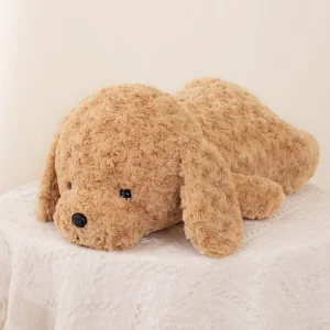 Hund gosedjur som stor kramkudde i realistisk teddystil, brun och vit, 42–68 cm