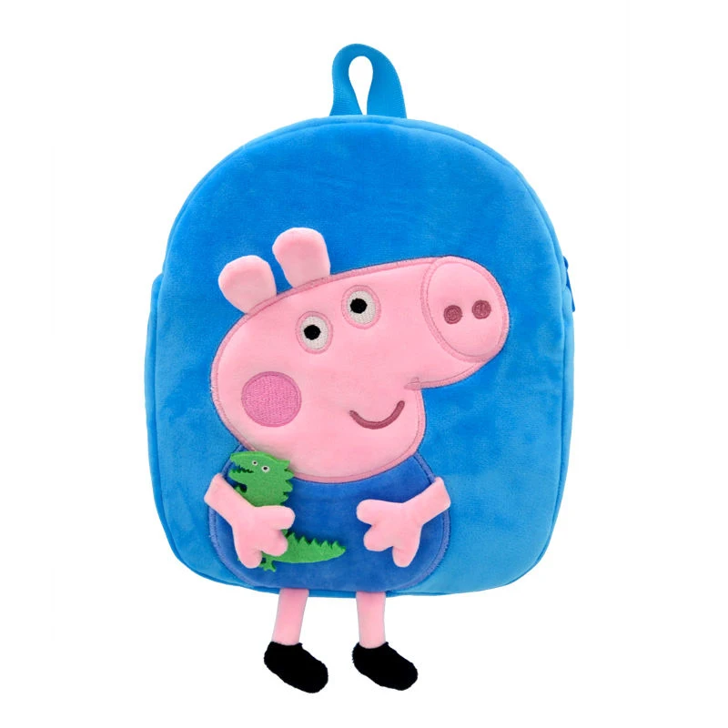 Gris som nyckelring, mjuk och tecknad style, peppa george mjuka grisryggsäckar 20 Visa den blå ryggsäcken framifrån med piggfiguren och den gröna detaljen.