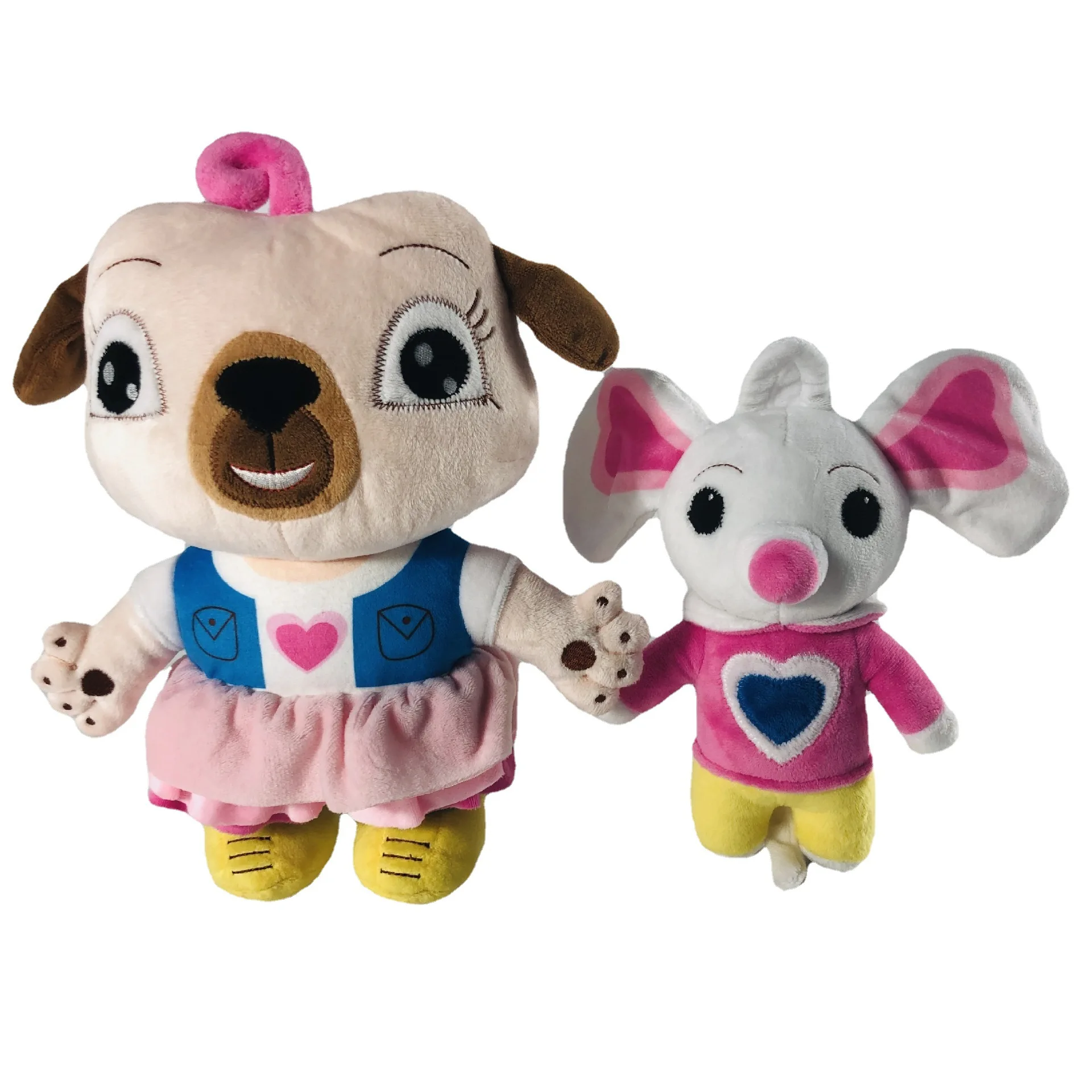 Chip and Potato hund och mus gosedjur som tecknade mjukisdockor med karaktärsdesign 18 Visa de två gosedjuren tillsammans: en ljus hund och en gråvit mus i rosa och gula kläder.