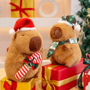Kapybara gosedjur i kawaii-stil med tomteluva, julgran och polkagris som juldekoration