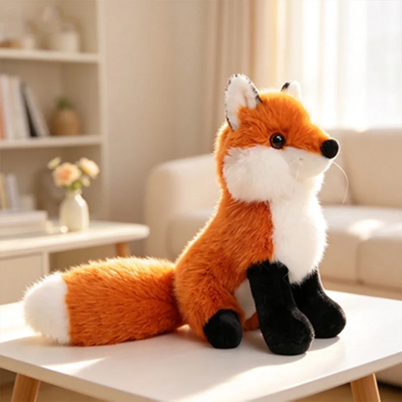 Liggande räv gosedjur, mjukt och fluffigt i söt tecknad kawaii-stil, present till flickor 18 Mjuk orange räv med vit mage och svarta tassar i en lugn miljö.
