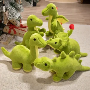 Alternative view of Grönt dinosaurie gosedjur i triangelform med tyrannosaurus rex, drakmotiv och vråldesign