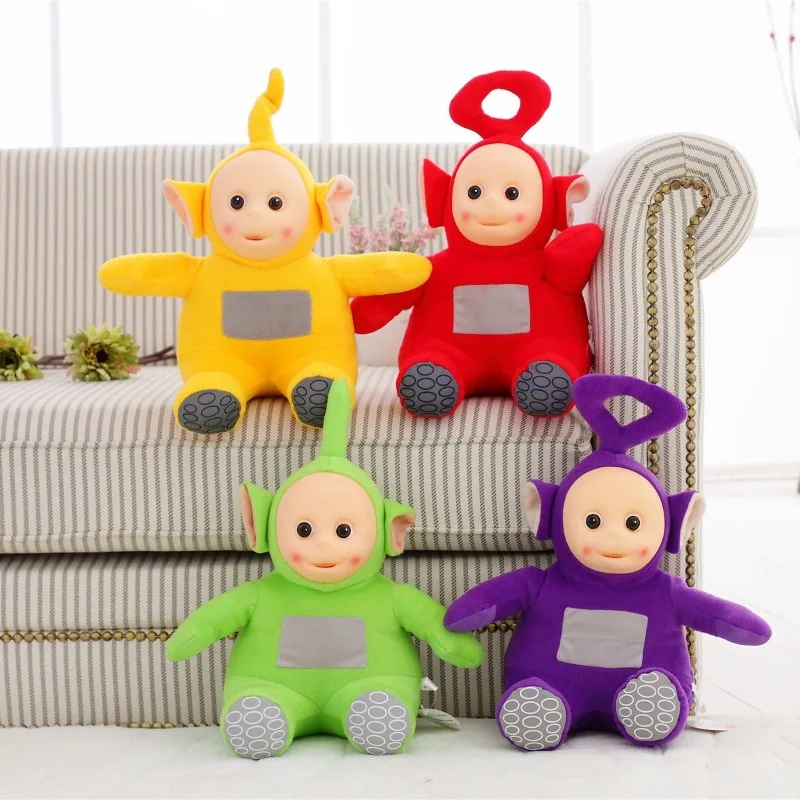 Flera figurvarianter av Teletubbies som gosedjur med kreativ och söt tecknad stil 27 Fyra mjukisfigurer i gult, rött, grönt och lila visas tillsammans.