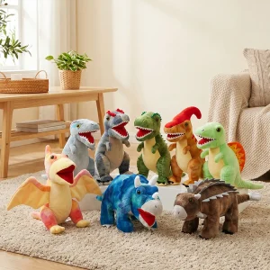 Jurassic dinosaurie gosedjur med mjuka figurer av T-Rex, Velociraptor och Ankylosaurus