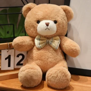 Björn-gosedjur i kawaii-stil med färgglad fluga, formad som plyschkudde, 30 cm