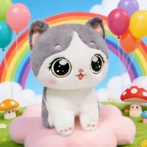 Katt gosedjur som gråvit kattkudde i kawaiistil, med stora tecknade ögon, 25 cm
