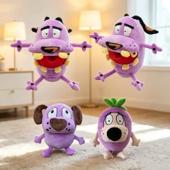 Lila hund gosedjur i tecknad kawaii-stil, fluffigt och tokigt, som födelsedagspresent